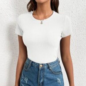 Shein White Solid Rib-knit Crew Neck Tee size M